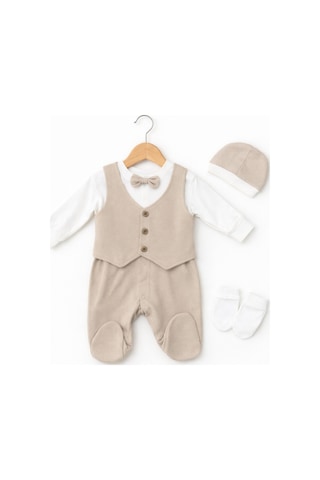 Işıl Baby Papyonlu Yelekli Erkek Bebek Tulum Takım Bej
