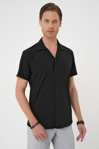 Efor Slim Fit Apaş Yaka Kısa Kol Esnek Casual Siyah Gömlek G 1589 Siyah
