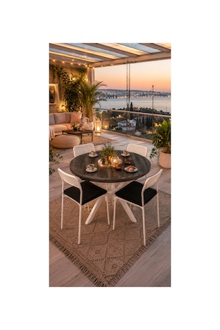 Siyah 4 Kişilik Minderli Balkon Takımı, Balkon Masası, Balkon Sandalyesi, Yuvarlak Masa, Yemek Masası, Mutfak Masa Sandalye Takımı, 4 Sandalye 1 Masa Siyah/beyaz-beyaz