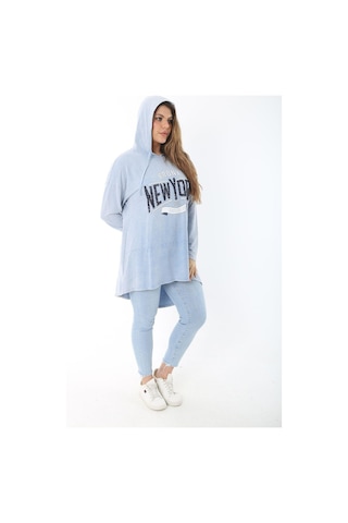 Kadın Büyük Beden Mavi Payet Detaylı Arkası Uzun Kapşonlu Sweatshirt 65n37463 - Mavi
