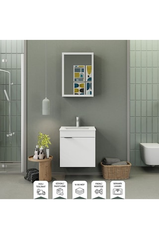 Biani Fix Loft 55 Cm Banyo Dolabı,Seramik Lavabolu, Aynalı,Lavabo Dahil,Mdf,Mat Beyaz