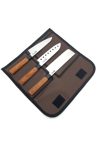 4 Parça Deri Çantalı Şef Bıçağı Bıçak Seti Hediyelik Bıçak Kahve
