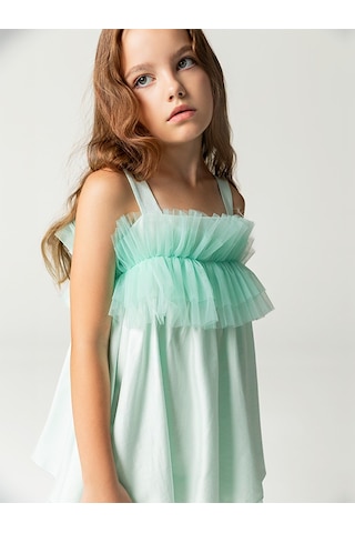 Sheshe Fırfır Göğüs Detaylı Askılı Kız Çocuk Elbise Renkli