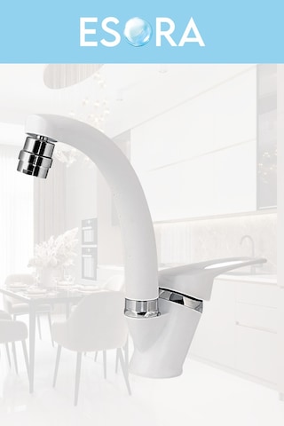 Beyaz Krom Mix Oynar Başlıklı Lavabo Bataryası Çift Su Grişli Çeşme Banyo Musluğu Mutfak Çeşmesi Beyaz - Krom