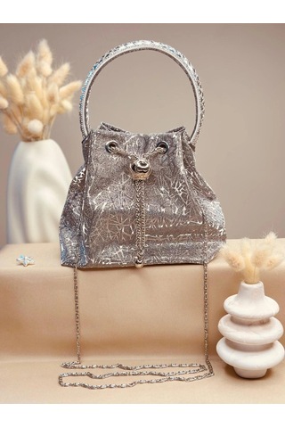 Elora Atelier Taş Detaylı Büzgülü Metalik Gümüş Çanta Çok Renkli