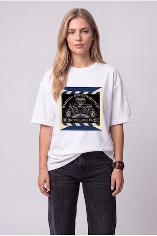 Black Nova Oversize Baskılı Unisex %100 Pamuk T-shirt Live Free Beyaz