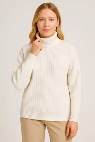 Kadın Balıkcı Yaka Bağazlı Triko Kazak Pamuklu Kalın Fitilli Dokuma - Beyaz Beyaz
