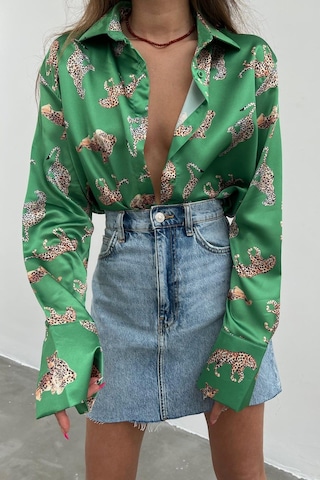 Madmext Mad Girls Leoparlı Yeşil Saten Gömlek Mg187-yeşil Yeşil