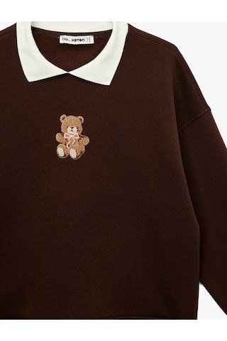 Koton Rahat Kalıp Uzun Kollu Polo Yaka Ayıcık Nakış Detaylı Sweatshirt Kahverengi 6sal10425ık Kahve