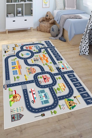 Dijital Baskılı Dekoratif Kaymaz Taban Yıkanabilir Trafik Parkı Temalı Modern Çocuk Halısı Gri