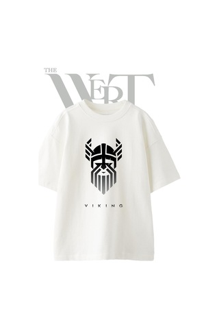 Thewert Viking Kafasi Tasarım Baskılı Ünisex Beyaz Oversize T-shirt