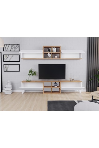 Eyfel 4 Kapaklı Tv Ünitesi, Tv Sehpası Atlantik Çam - Beyaz Beyaz