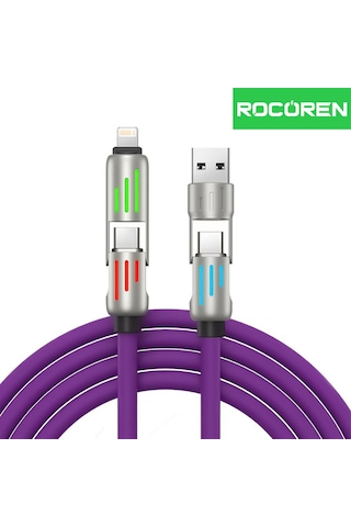 Rocoren 240w 4'ü 1 Arada Type-c / Usb-a / Lightning Mor Silikon Şarj Ve Data Kablosu 1.2 Metre