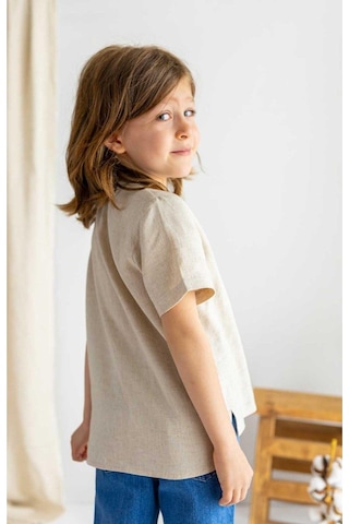 Oliven The Kid Oliventhekid Bej Keten Yarım Patlı Düğmeli Bisiklet Yaka Kısa Kol Erkek Çocuk Gömlek Bej Bej