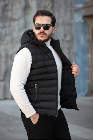 Mero Life Erkek Siyah Standart Fit Çıkarılır Kapüşonlu Cepli Fermuarlı Şişme Yelek