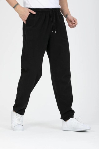 Baw Company Unisex Ince Yazlık Beli Lastikli Kordonlu Keten %100 Pamuklu Kumaş Pantolon Pijama Siyah