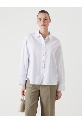 Lcw Vision Ekru Çizgili Oversize Kadın Gömlek