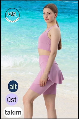 Kadın Takım Alt - Üst Biker Şort Diz Üstü &crop Bra Ped Destekli Denizde Havuzda Sporda Llia Lila