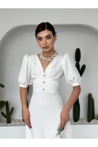 Linda Midi Elbise Beyaz