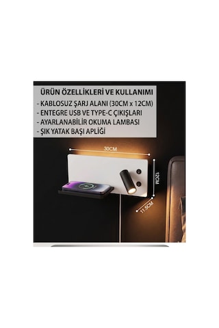 Çok Fonksiyonlu Yatak Başı Led Aplik Ve Duvar Lambası: Kablosuz Şarjlı, Ayarlanabilir Okuma Lambası, Usb Ve Type-c , Modern Beyaz
