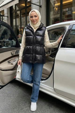 Hb Harma Time Butik Kadın Fermuarlı Cepli Parlak Şişme Siyah Yelek Siyah Siyah