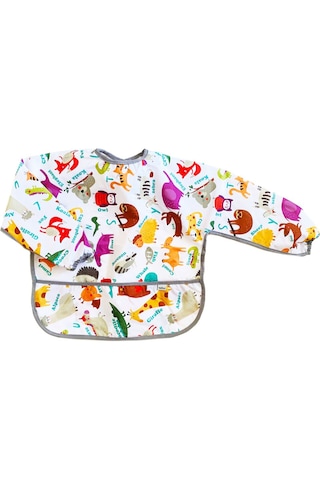 Yorni 3-5 Yaş Zoo Bağcıklı Sıvı Geçirmez Makinede Yıkanabilir Uzun Kollu Boyundan Bağlamalı Bebek Mama Önlüğü Beyaz