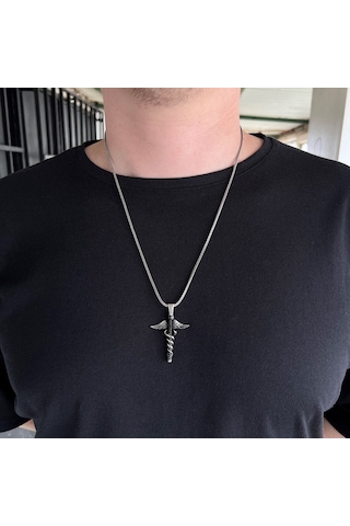 925 Ayar Gümüş Caduceus Tıp Sağlık Sembolü Erkek Kolye Gümüş