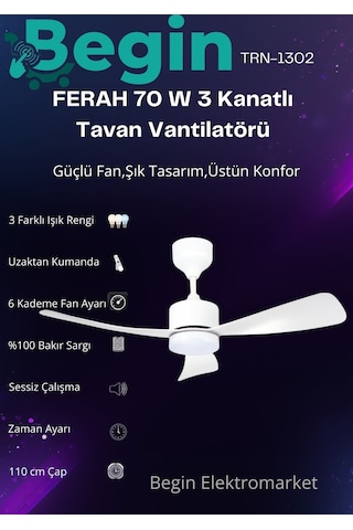 Ferah 70 W 3 Kanatlı Led Işıklı Tavan Vantilatör Uzaktan Kumandalı Beyaz