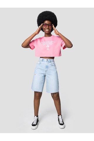 Long Crop Kadın Tshirt K.kol Pembe