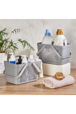 Kulplu Plastik Saklama Sepeti - Çok Amaçlı Düzenleyici Sepet - Tezgah Üstü, Banyo, Mutfak, Ofis - Organizer Sepet - Gri Gri