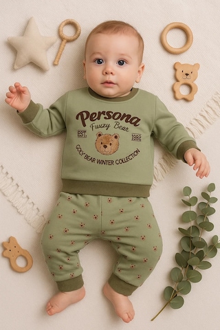 Veraura Lifestyle Persona Bear Nakışlı % 100 Pamuk 2'li Erkek Bebek Takım Yeşil