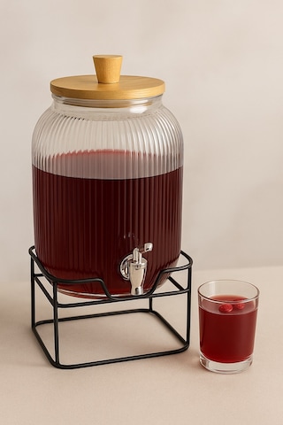 Qerhome Cam Şerbetlik 3,75 Litre, Musluklu, Bambu Kapaklı, Metal Standlı