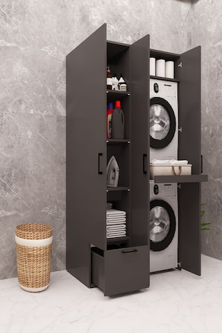 Mdf Çamaşır Makinesi Ve Kurutma Makinesi Dolabı Ütü Masalı Kapaklı Antrasit