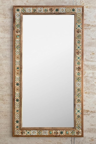 Oscar Stone Decor Ahşap Çerçeveli Mozaik Taş Mermer Ayna 63x123 Cm Seramik Desenli Kahverengi Diğer