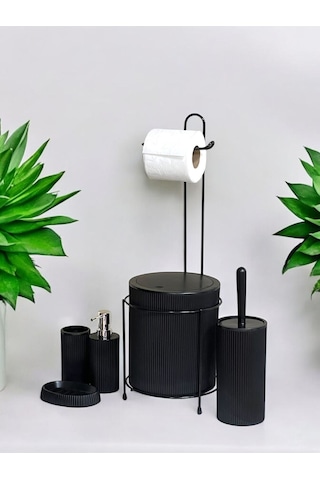Metalshop 6 Parça Banyo Seti Metal Stantlı Çöp Kovalı Wc Kağıtlık Ve Tuvalet Fırçası Katı - Sıvı Sabunlu Siyah