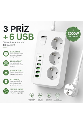 Akım Korumalı 3 Lü Priz 2 Usb-c + 4 Usb-a Hızlı Şarj, 2m Kablo, Çocuk Korumalı Çoklu Priz 0 - 2 M