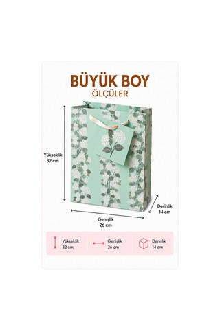 5 Adet 32 X 26 X 14 Cm - Mint Çiçek Desenli Büyük Boy Karton Hediye Çantası 3+