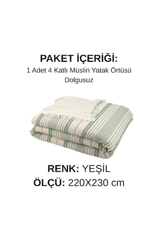 Natura Soft Ekru 4 Kat Müslin Çift Kişilik Yatak Örtüsü 220x230 Cm %100 Pamuk Çok Amaçlı Koltuk Örtüsü Ve Tv Battaniyesi Yeşil