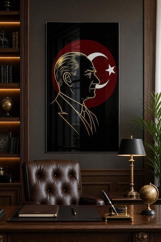 Atatürk Ve Türk Bayrağı Baskılı Cam Tablo Uv Baskı Milli Duvar Dekoru
