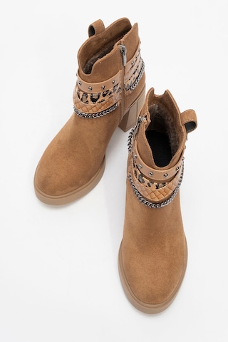 Luvishoes Luvi Shoes Boliva Taba Süet Kemerli Zincirli Kadın Kalın Topuklu Bot Taba Süet