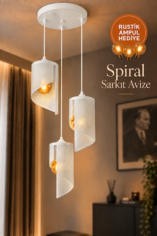 3'lü Spiral Sarkıt Avize Modern Dekoratif Salon Yemek Masası 3 Rustik Led Ampul Hediyeli Beyaz