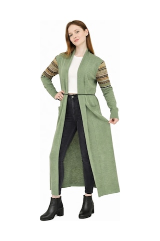 Onno Style Woman Standart Beden Kilim Desenli Uzun Triko Ceket Yeşil