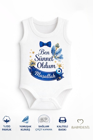 Babyden's Sünnet Kıyafeti Erkek Bebek Body Pamuk Ben Sünnet Oldum Maşallah Baskılı Zıbın Kolsuz Body Beyaz