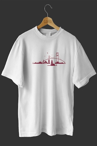 Noıssey -wed Istanbul Silüeti Tasarım Baskılı Oversize T-shirt Tişört Beyaz