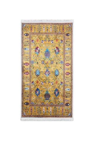Hardal Sarısı Halı Vintage Etnik Desen Saçaklı Bambu Kumaş Yüzey Çok Renkli Hardal Sarısı Halı Vintage Etnik Desen Saçaklı Bambu Kumaş Yüzey Çok Renkli