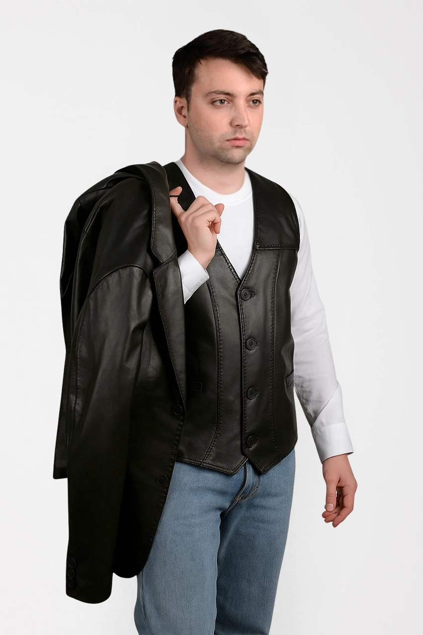 Derije Armada Hakiki Deri Punto Dikişli Erkek Siyah Blazer Ceket & Yelek Siyah