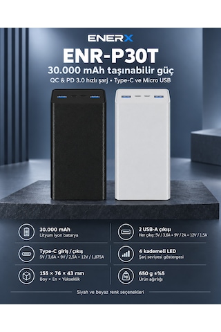 Enerx Enr-p30t 30.000 Mah 22.5w Hızlı Şarj Powerbank Siyah