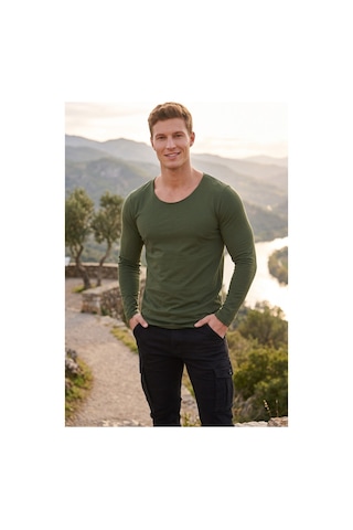 Deepsea Erkek Haki %95 Pamuk Slim Fit Kesik Açık Yaka Likralı Penye Sweatshirt Oval Kesim 2602299