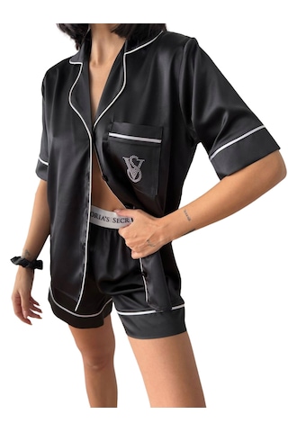Victoria"s Secret İpek Saten Yazlık Pijama Takımı Toz Pembe Siyah