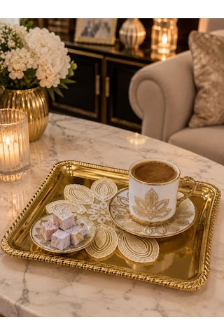 Premium Gold Tepsi Gold Detay Metal Sunum Seti Altın - Gül